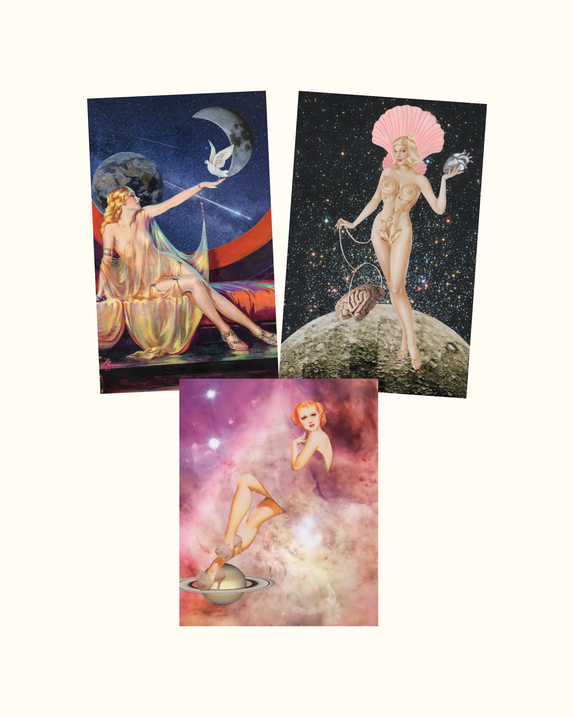 Esta colección reúne collages que resignifican la figura femenina desde gestos, miradas y cuerpos en relación. Cada obra construye una constelación simbólica, abierta a la interpretación y a la experiencia personal.
